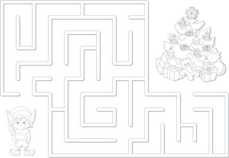 Help the elf to find the way to the New Year tree. Game for kids: go through the maze and find the right answerのイラスト素材