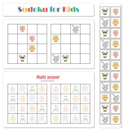Sudoku for kids with funny cartoon animals. Game for preschool kids, training logicのイラスト素材