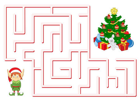 Help the elf to find the way to the New Year tree. Game for kids: go through the maze and find the right answerのイラスト素材