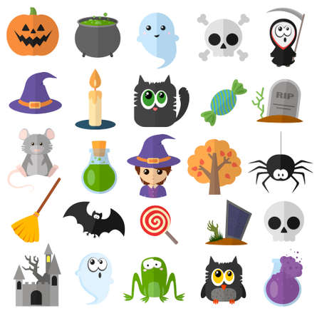 Big set of vector flat cartoon icons for halloween. Good kind characters. Digital illustrationのイラスト素材