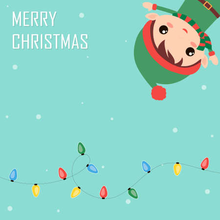 Cute and funny Christmas elf and colorful garland. Flat holiday greeting cardのイラスト素材