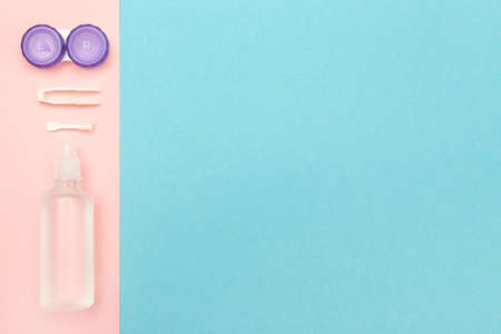 Set for contact lenses on a colored background. Care and hygiene for colored contact lenses. Copy...