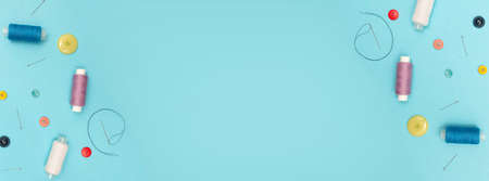 Banner with accessories for sewing clothes. Place for text. Copy space. Tailors workplace for...