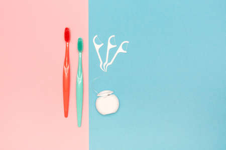 Teeth hygiene and oral dental care products. Copy space. Healthy lifestyle. Taking care of your health. Dental floss.の写真素材
