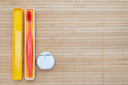 Teeth hygiene and oral dental care products. Dental toothbrushes. Oral care kit. Flat lay. Copy space. Text. Health care.の写真素材