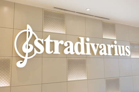 Moscow, Russia - October 2, 2021. Stradivarius store logo in Vegas mall. Spanish fashion brand of womens clothing.のeditorial素材