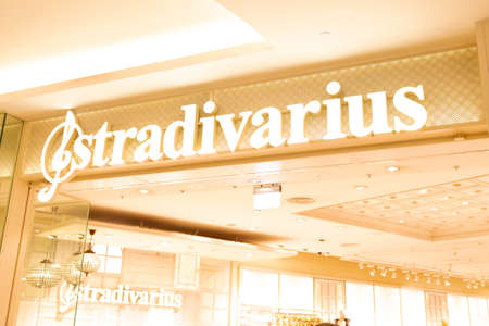Moscow, Russia - October 2, 2021. Stradivarius store in Vegas mall. Close-up logo. Spanish fashion...