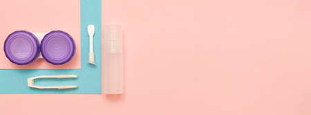 Banner with accessories for contact lens care. Solution, container, tweezers and suction cup for contact lenses. Hygienic kit for vision. Place for your text. Copy space.の写真素材
