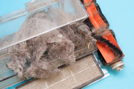 Container in the vacuum cleaner is completely clogged with dust and dirt. Top view. Flat lay. House, office and apartment cleaning. Cleaning service. Dust filter. Blue backgroundの写真素材