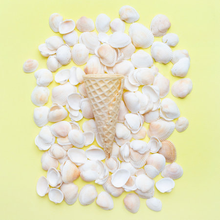 Ice cream cone lies on sea shells. Square photo. Happy summer concept. Top view. Flat lay. Time relax.の写真素材