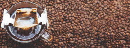 Banner with drip pack. Convenient coffee brewing anywhere. Background from coffee beans. Copy space. Place for text.の写真素材