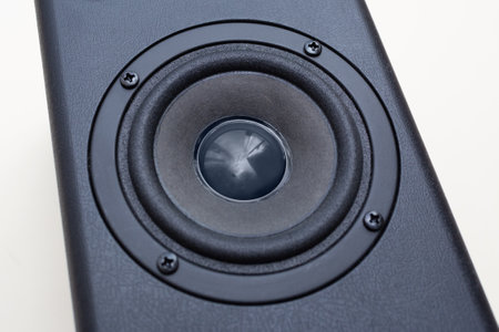 Audio speaker black color close up. Top view.の写真素材