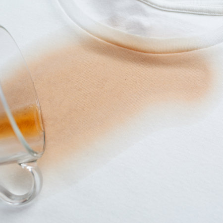 Glass cup with spilled tea on a white t-shirt. Sloppiness concept. Top view. Close-up. Square photo.の写真素材