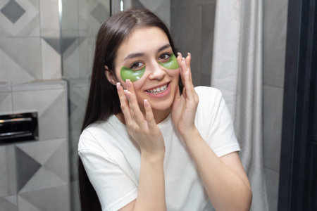 Woman smiles with green patches under her eyes. Woman using hydrogel patches for skin care from dark circles under her eyes.の写真素材