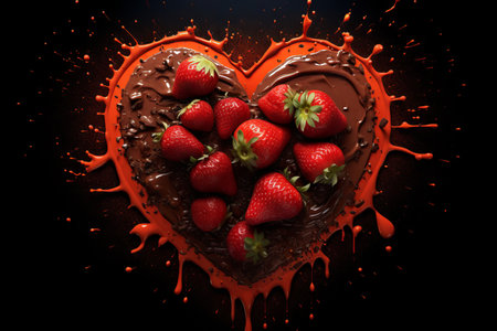 Heart-Shaped Chocolate and Splashes Garnished with Fresh Strawberries for a Romantic Dessertの素材
