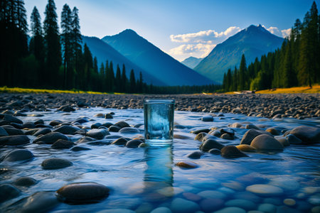 A glass of crystal clear water on the riverbank against the background of mountainsの素材