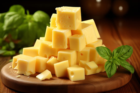 Variety of delicious and creamy sliced cheese for gourmet sandwiches and appetizer plattersの素材