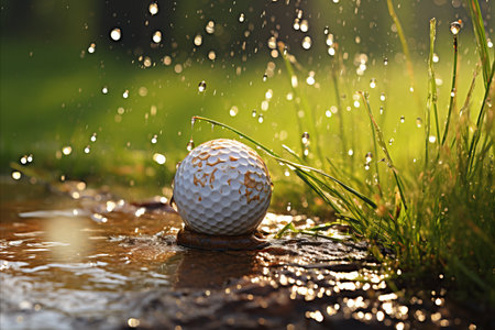 The golf ball flew off the course and splashed into a puddleの素材