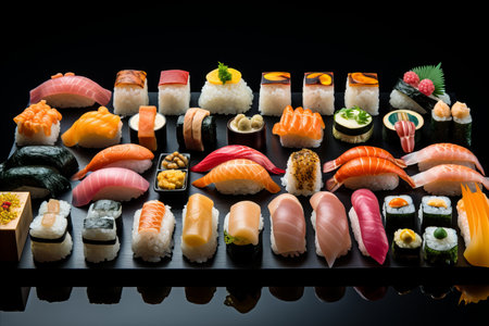 Delicious Assortment of Savory Sushi Rolls. Exquisite Seafood Delights from Japanの素材