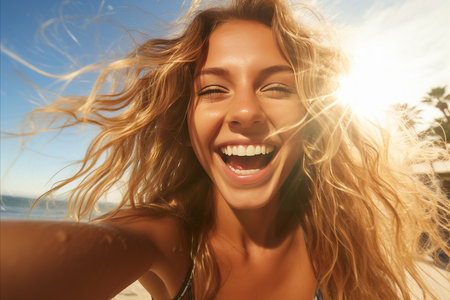 Happy Young Woman Having a Great Time and Enjoying Her Summer Holiday at the Beachの素材
