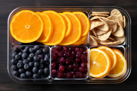 Healthy Lunch Box with Fresh Fruits and Delicious Crusty Bread for a Nutritious and Satisfying Mealの素材