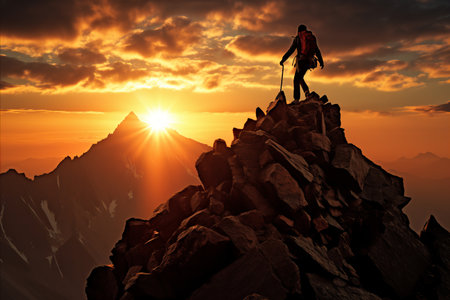 Triumph of determination. Climber conquers challenging mountain as sun sets. Ample copy space.の素材