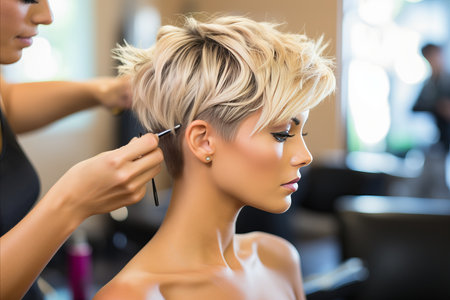 Gorgeous Blonde Model with Impeccable Style Gets a Fresh and Trendy Short Haircut at the Barber Shopの素材