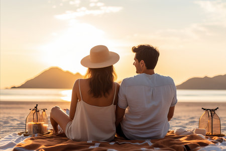 Mesmerizing Sunrise. A Couples Romantic Beach Picnic Amidst a Breathtakingly Vibrant Skyの素材