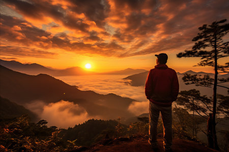 Solitary Figure Gazing from Towering Mountain Summit with Breathtaking Sky and Billowing Cloudsの素材