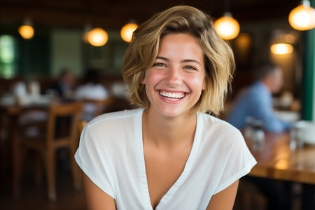 Portrait of a Charming Smiling Blonde Woman Enjoying a Luxurious Ambience in a Stylish Cafeの素材