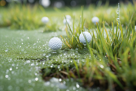 Dew-Kissed Golf Balls Enhance Pristine Greenscape, Offering an Idyllic Setting for Golf Enthusiastsの素材