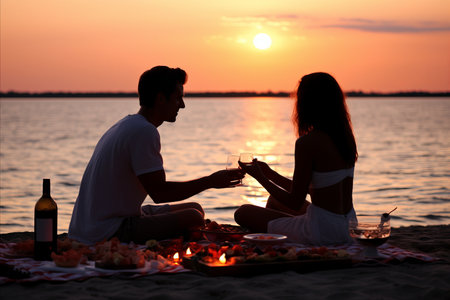A Couple Embracing the Serenity of a Romantic Sunrise Picnic on the Tranquil Sandy Beachの素材