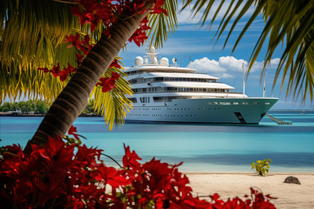 Scenic view of a cruise ship sailing past an impressive tropical islandの素材