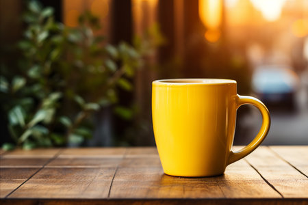 A yellow coffee mug on the table, into which sunlight penetrates - perfect for adding your textの素材