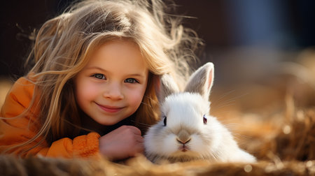Adorable little girl lying next to a beautiful white rabbitの素材