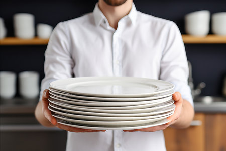 Man holding sparkling white clean plates in modern kitchen at homeの素材