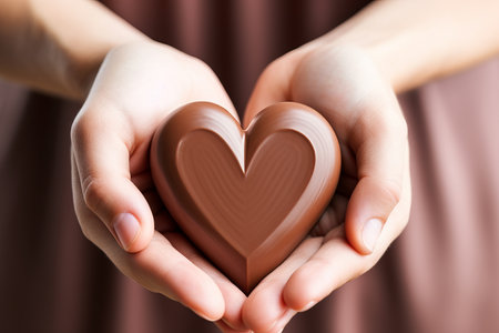 Romantic woman holding chocolate heart for valentines day.の素材