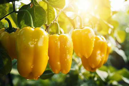 Greenhouse with rows of juicy shiny yellow bell peppersの素材