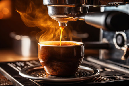 Close-up of espresso machine in action, pouring a freshly brewed steaming cup of rich arabica coffeeの素材