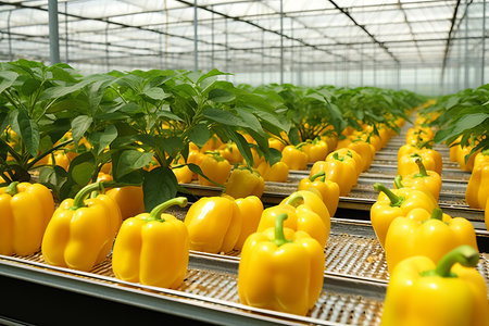 Storage of ripe yellow bell peppers in a greenhouseの素材