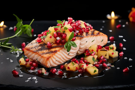 Delicious grilled salmon steak with juicy pomegranate seeds, perfectly seasoned and served freshの素材
