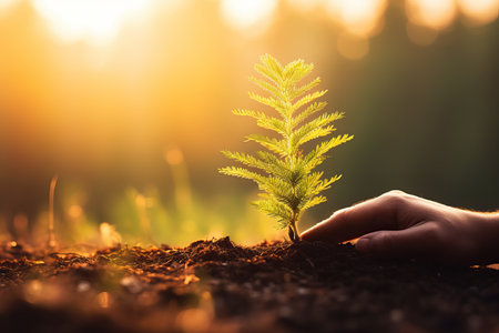 Man planting a young tree on a beautiful, warm, and sunny day in a peaceful gardenの素材