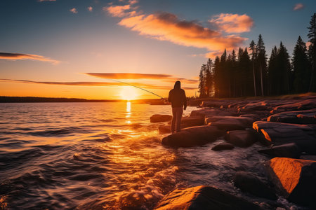 Serene scene of a man standing on river bank, skillfully catching fish with a fishing rodの素材
