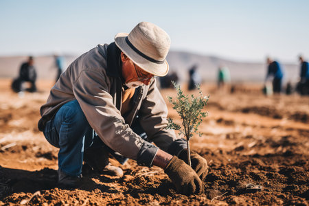 Senior gentleman planting a young tree on a warm, sunny dayの素材
