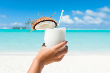 Happy young woman savoring a refreshing coconut cocktail on a tropical getaway vacationの素材