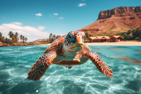 Beautiful majestic sea turtle gracefully gliding through the vibrant and colorful underwater worldの素材