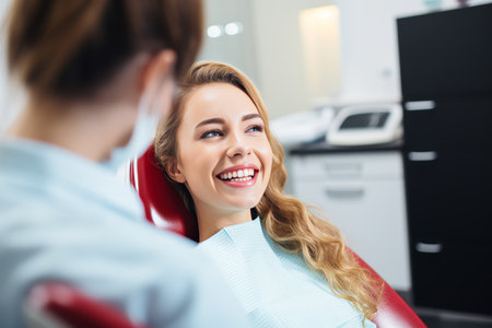 Attractive woman smiling brightly post teeth whitening and cleaning at dental appointmentの素材