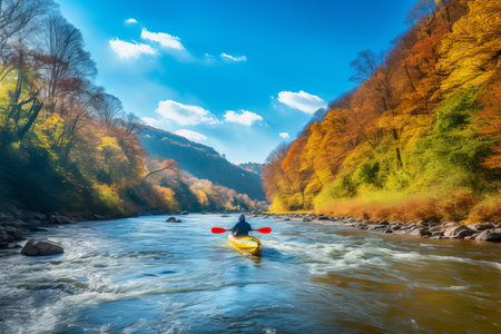 Man kayaking on scenic river surrounded by breathtaking mountains and lush forests, rear viewの素材