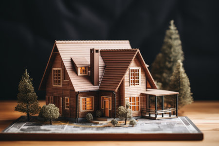 Architectural project concept. Wooden house model and detailed blueprints showcased on tableの素材