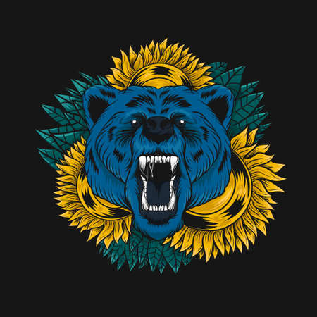 Illustration of bear head with flower frame for t-shirt or tattoo designのイラスト素材